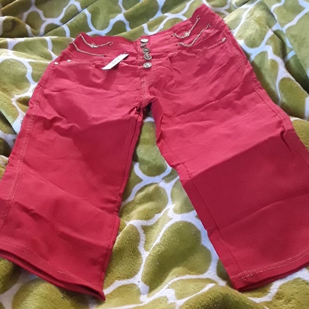 Red Capri pants with gold chain/crown accents/new